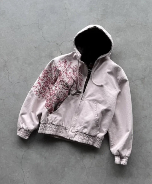 American New Trend Retro Cherry Blossom Embroidery Oversize Zipper Hoodie Men's Y2K Harajuku Hip-Hop Gothic Couple Sweatshirt